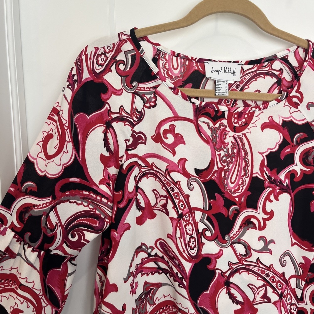 Joseph Ribkoff Vanilla Multi Paisley Pink Tie Side Blouse 3/4 Sleeve Size 4 - Picture 3 of 6